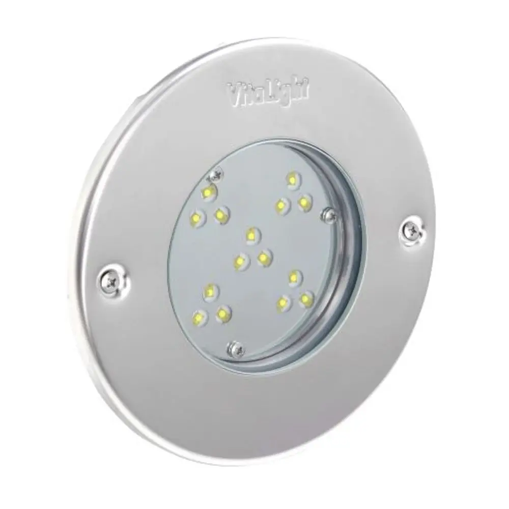 Runder LED-Einbaustrahler mit mehreren kleinen Lichtpunkten, montiert in einem Metallrahmen. Logo von Grünbeck sichtbar auf der Oberfläche.